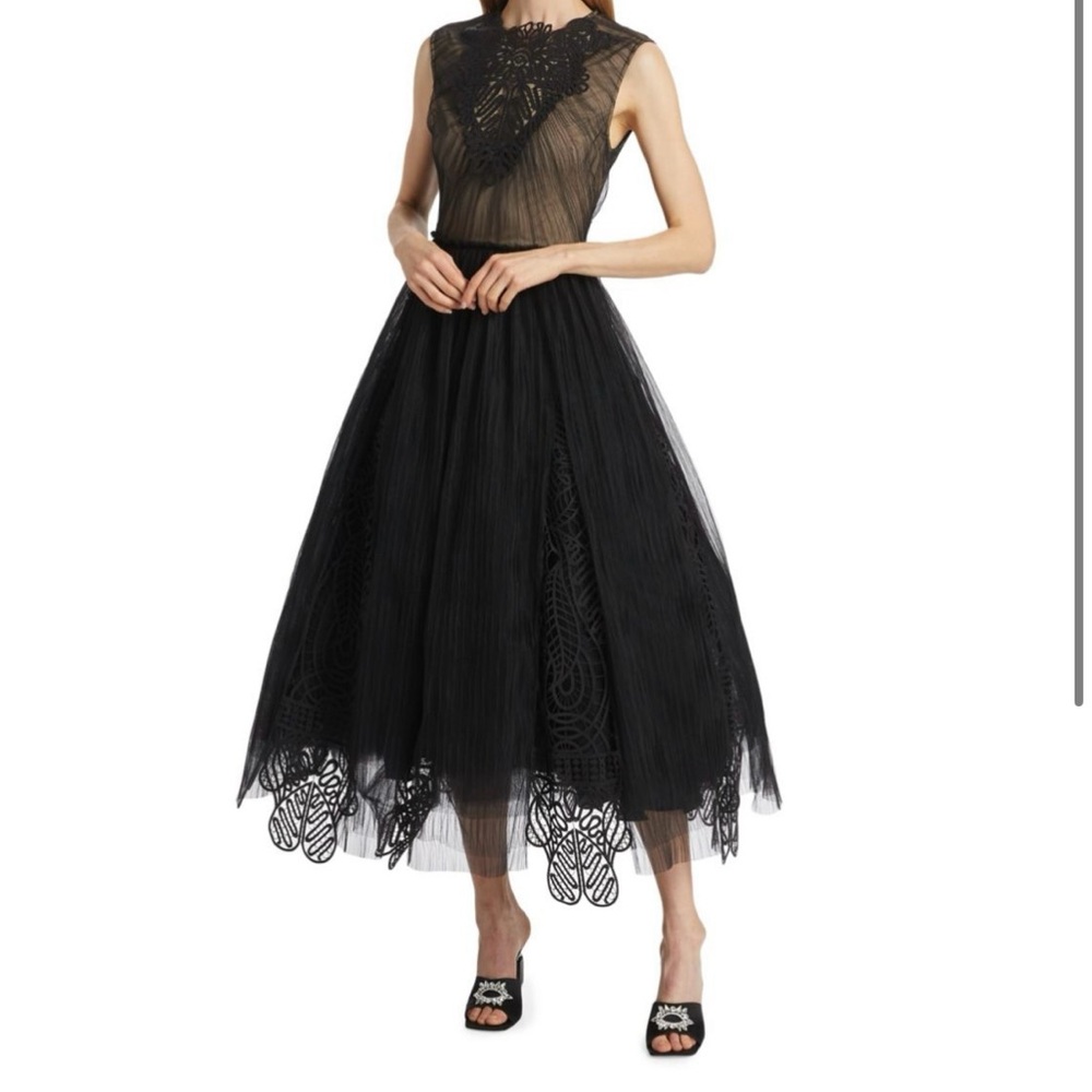 Lela Rose Black Midi GUIPURE LACE APPLIQUE TULLE HEART GODET DRESS. Sz 14